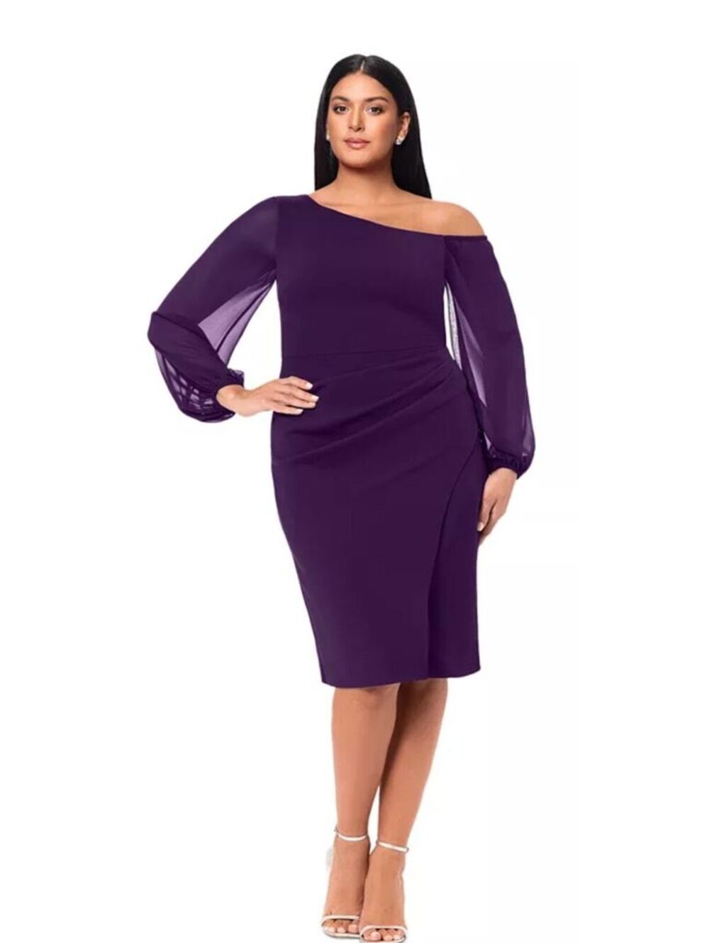 Betsy & Adam Plum Scuba Sheer-Sleeve Midi Dress Women Size 10